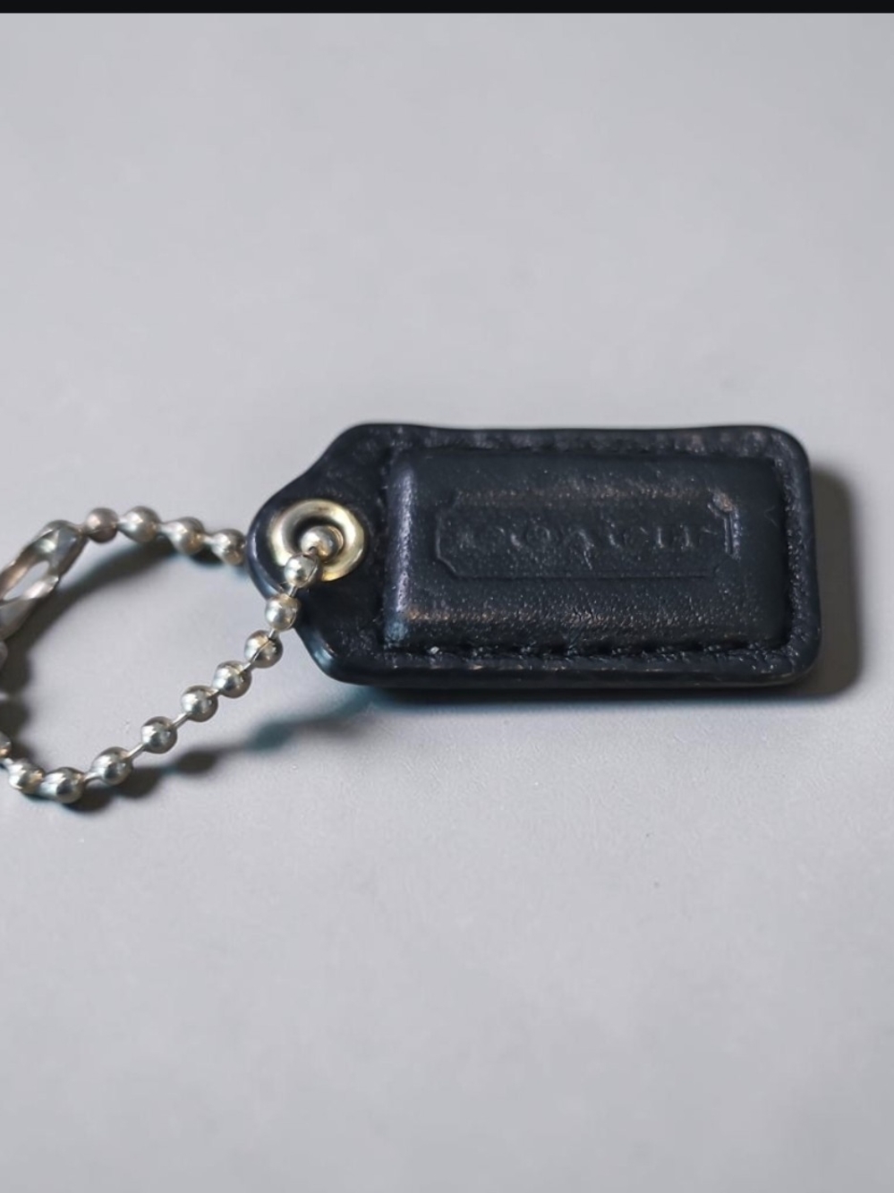 Coach Black Leather Key & Card Holder Tag with Silver Ball Chain